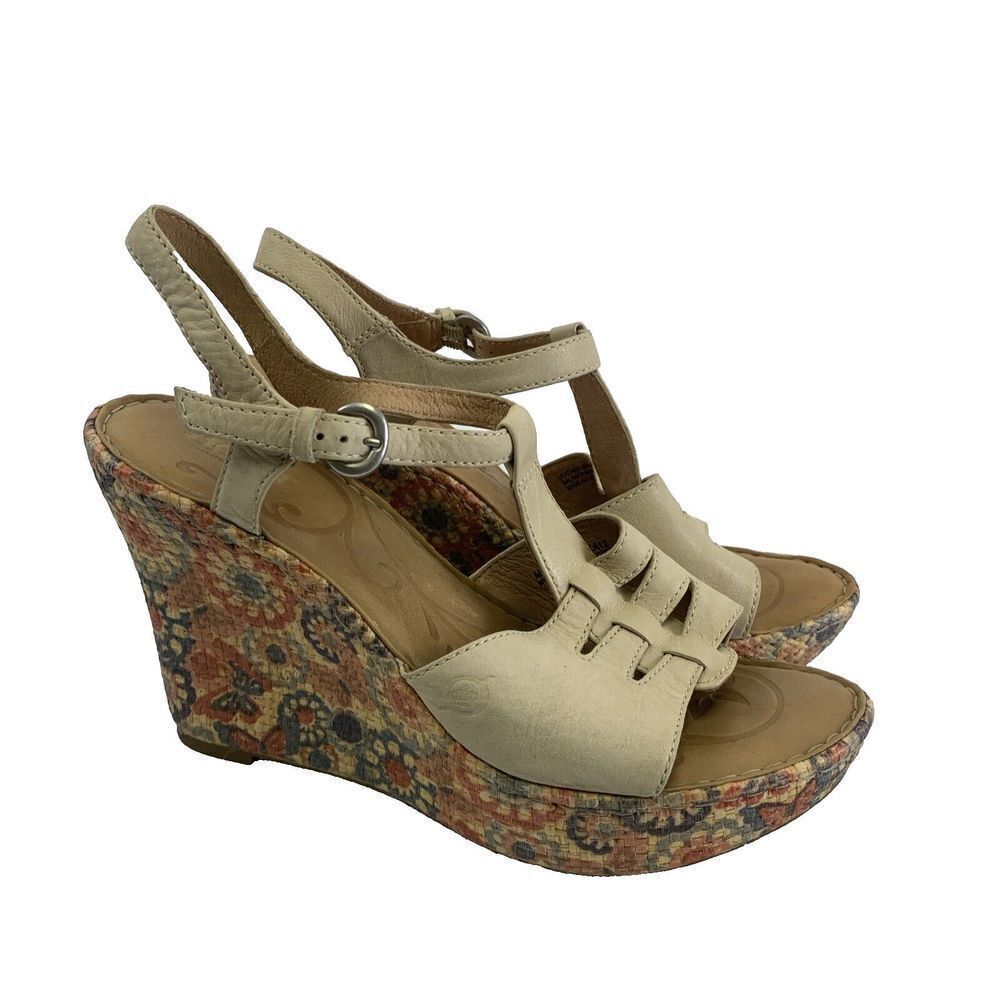 Born Rebecka Floralโ Platform Wedge Sandal Cream Leather Buckle B16126 Womens 9